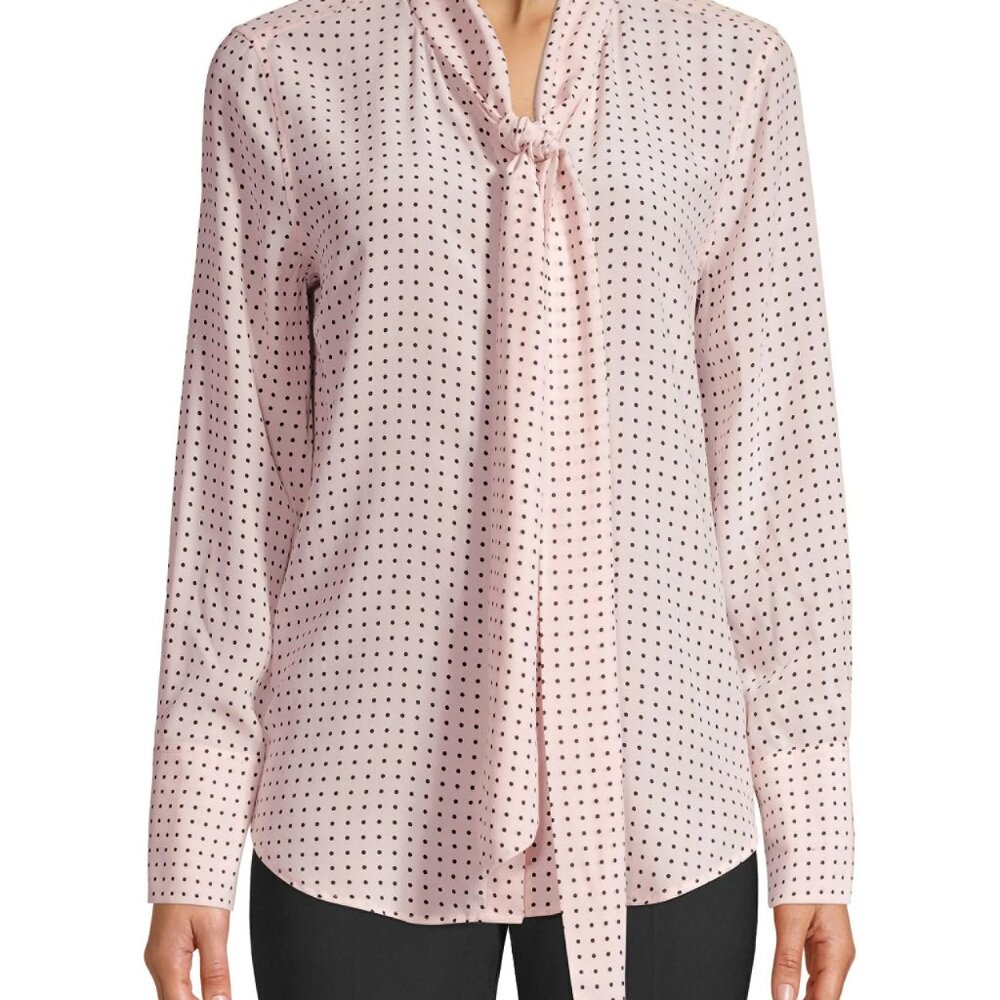 Equipment 100% Silk Long-Sleeve Polka Dot Blouse with Neck Tie XS